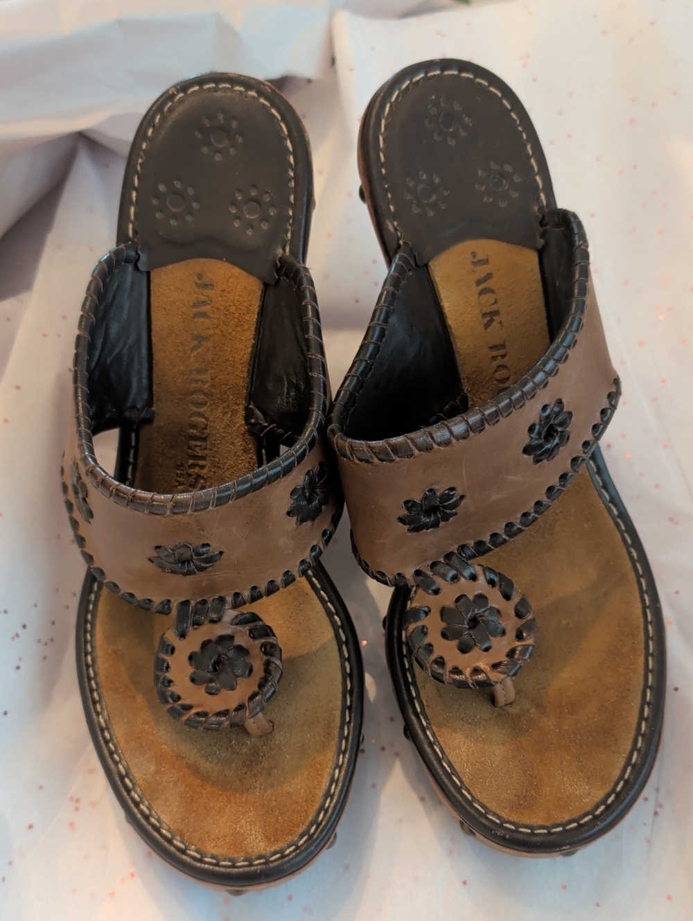 Vintage Jack Rogers Brown Leather Slide Sandals - Floral Cutout